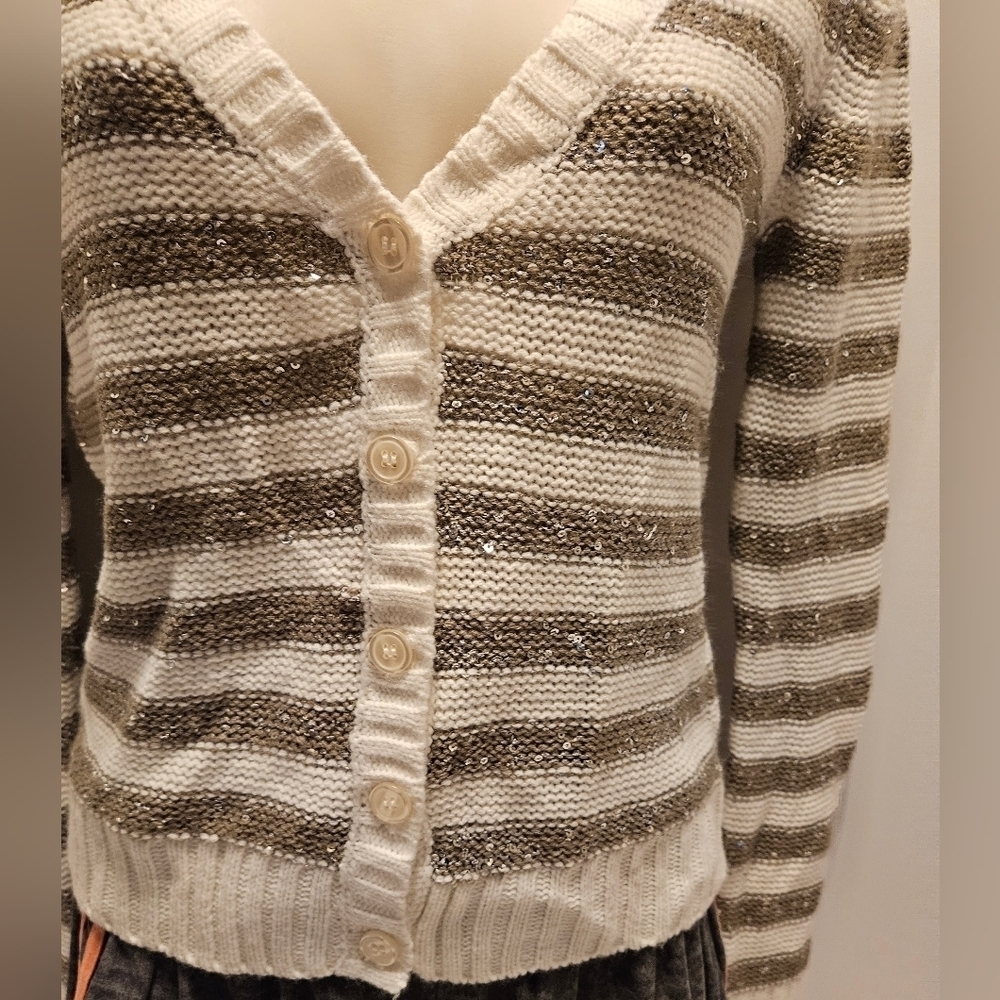 Arizona Jeans Co Cropped Striped Sequin Cable Knit Sweater - Picture 12 of 16